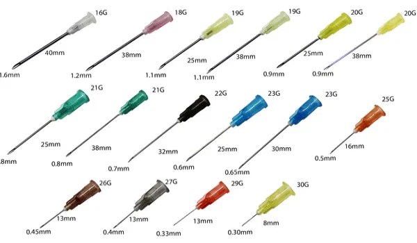 Needles aligned horizontally and vertically comparing the gauge and length to eachother.
